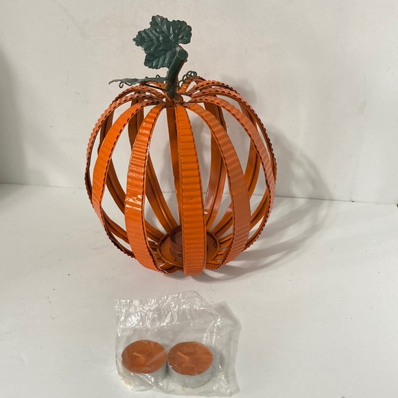 PUMPKIN Large Metal Tea Candle Holder and 2 Tea Candles Centerpiece 10 x 9 inch - Picture 3 of 13